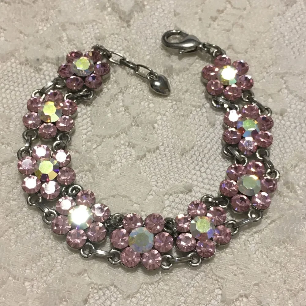 Rhinestone Floral Chain Bracelet Pink AB Stones Silver tone Coquette girl style